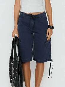 Cargo Shorts For Women Elastic Waist Knee Length  Shorts Summer Outdoor Waterproof Hiking Pants With Pockets - 藏蓝色 - 查看 2