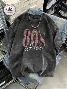 Camiseta gráfica retro de los 80 para mujer de talla grande - Camiseta holgada de talla grande con estampado de letras grandes, de manga corta, cuello redondo, lavada, adecuada para todas las estaciones, lavable a máquina, cómoda, ajuste relajado, diseño divertido, tela de algodón, adecuada para uso diario, estilo de ropa de calle retro, negro de verano - Negro - Ver 9