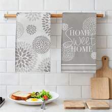 MEMNUN 2入灰色非洲菊幾何花卉「Home Sweet Home」印花廚房毛巾、抹布、手巾、洗碗布，15.75*23.62in(40*60cm)，超柔軟超細纖維現代廚房配件，可機洗，適用於餐廳、廚房、居家裝飾、禮物，四季皆宜 - 彩色 - 查看 6