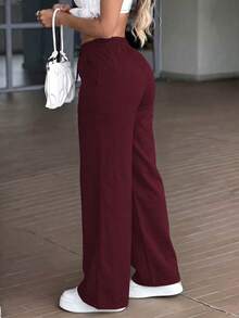 Vaiaye 女款夏季綠色寬鬆亞麻抽繩寬腿褲，優雅舒適，適合日常休閒、街頭、海灘、度假穿著，波希米亞風 - 酒紅色 - 查看 5
