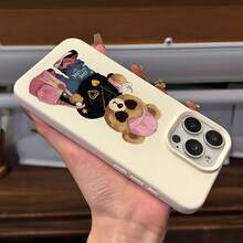1個白色皮革紋理極簡個性化熊圖案手機殼，適用於 iPhone 16 Pro Max, 17/16/15/14 Plus/13/12/11, Air 系列 - 彩色 - 查看 5