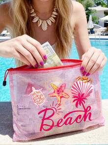 時尚防水PVC沙灘包，印有「Beach」彩色字母，A4尺寸，透明化妝包配尼龍拉鍊，適合游泳、潛水和夏季度假，輕巧，適合年輕男女，沙灘包配件，旅行必需品，旅行配件，度假必備。返校用品盥洗包沐浴包大容量淋浴包，女性母親節禮物教師禮物郵輪必備 - 彩色 - 查看 7