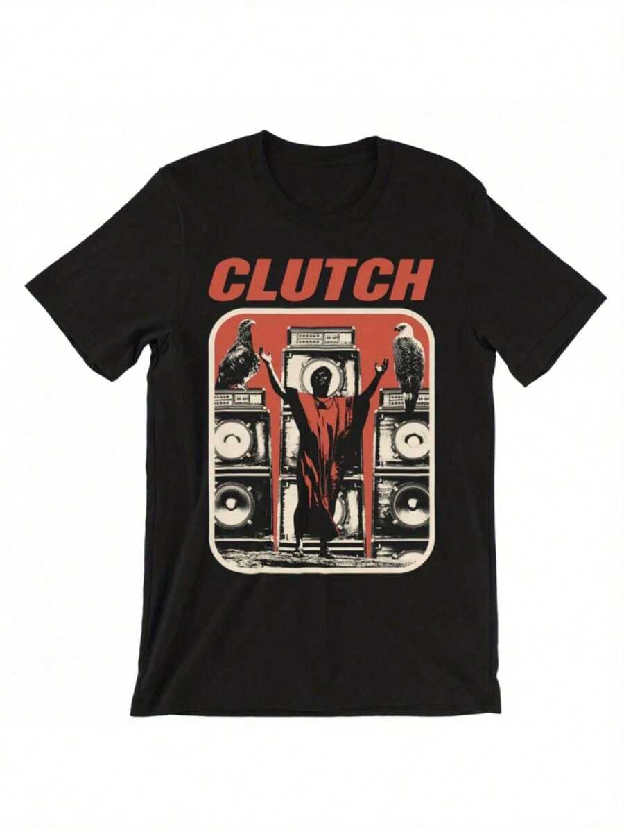 T-Shirt Vintage Con Grafica Della Rock Band Clutch - T-Shirt Unisex Pesante Con Design Musicale Retrò, Scritta CLUTCH In Rosso Acceso E I Membri Della Band - 後退 - 查看 1