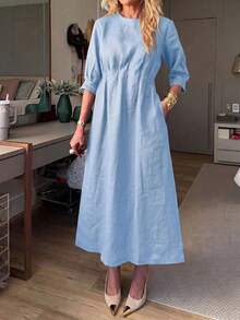 2026 Spring/Summer Women's Cotton-Linen Solid Color Casual Loose Long Dress With Double Side Pockets - Light Blue - View 1