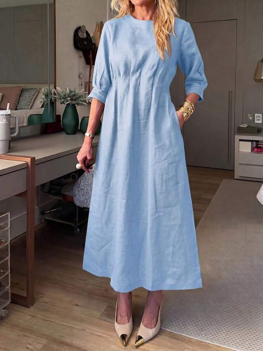2026 Spring/Summer Women's Cotton-Linen Solid Color Casual Loose Long Dress With Double Side Pockets - Light Blue - View 1