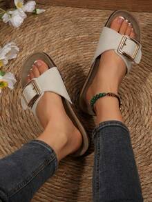 Nuevas sandalias planas de moda de verano con decoración floral blanca y correa elástica en la espalda, sandalias de playa - Blanco - Ver 3