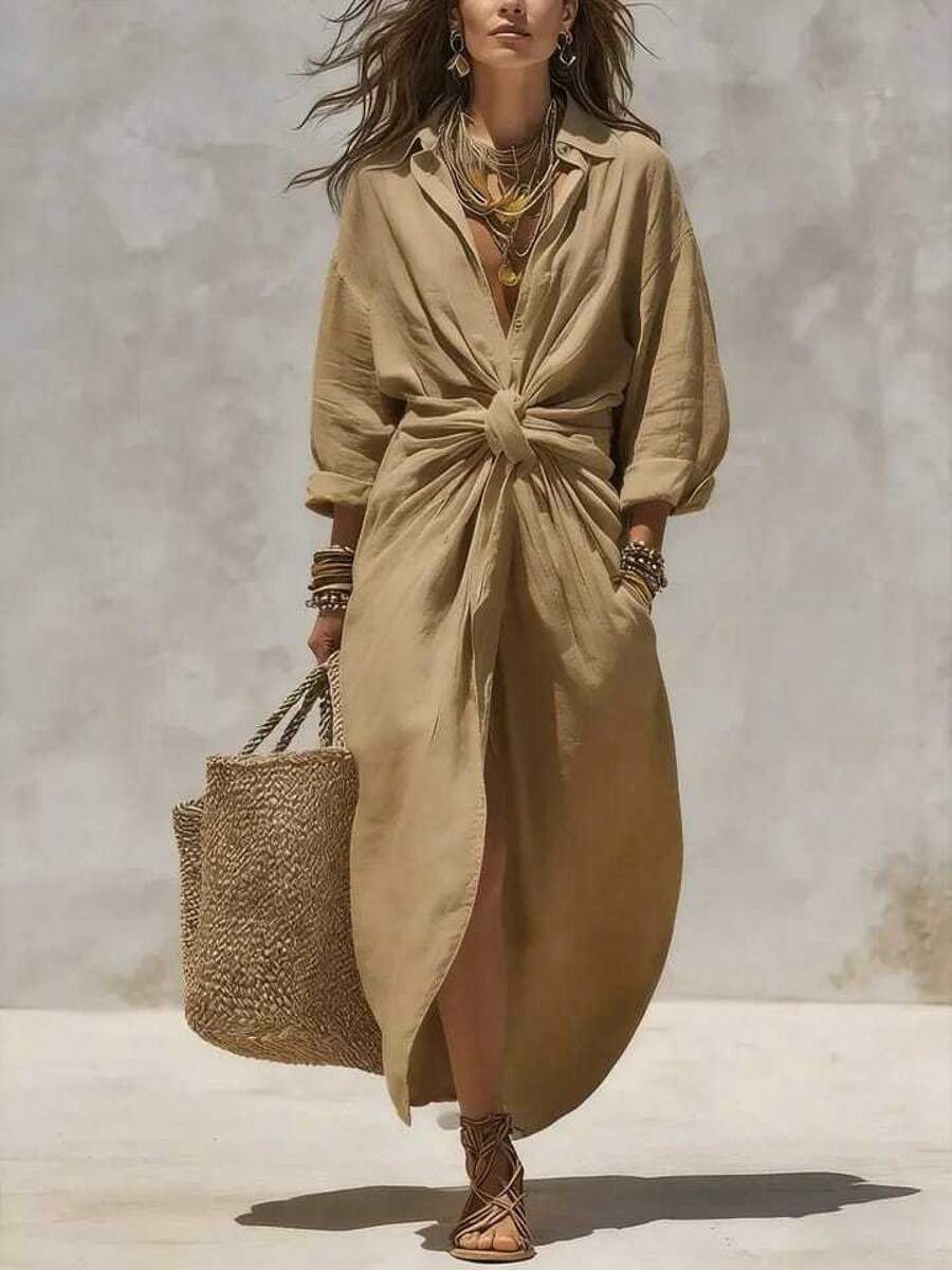 2026 Women's Solid Color Shirt Collar Single-Breasted Pocket Cardigan Long Sleeve Casual Dress - 卡其 - 查看 1