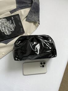 素色復古極簡褶皺雲朵手提包，時尚包款適用於日常使用、派對及情人節場合 - 黑色 - 查看 3