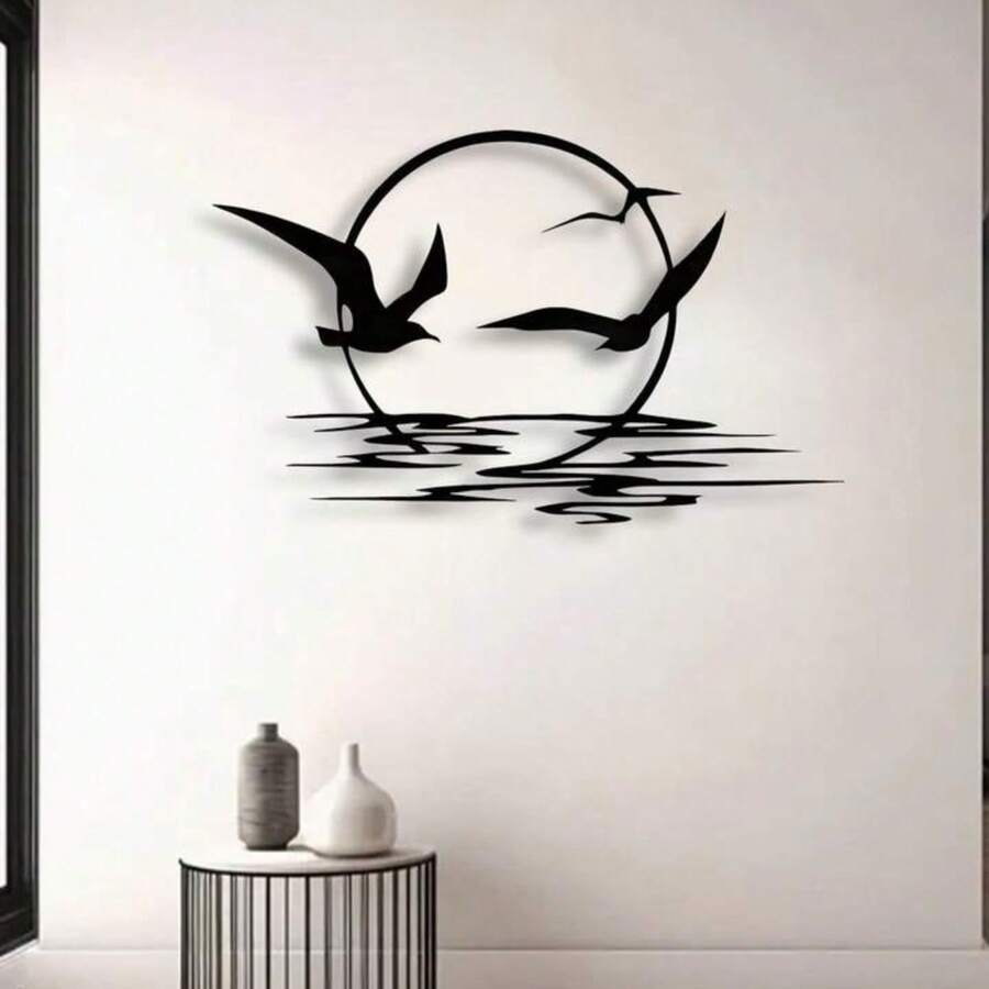 Tranh treo tường acrylic tối giản hình tròn mặt trời lặn & chim bay, thiết kế bóng đổ với gợn sóng nước, phong cách Bắc Âu đơn giản cho phòng khách