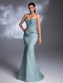 AMILUCK Women's Elegant Luxury Strapless Neckline Hand-Beaded, Boned Ruffle Hem Bandeau Backless Fitted 2 In 1 Evening Gown, Formal Party Wedding Guest Dress - Baby Blue - View 9