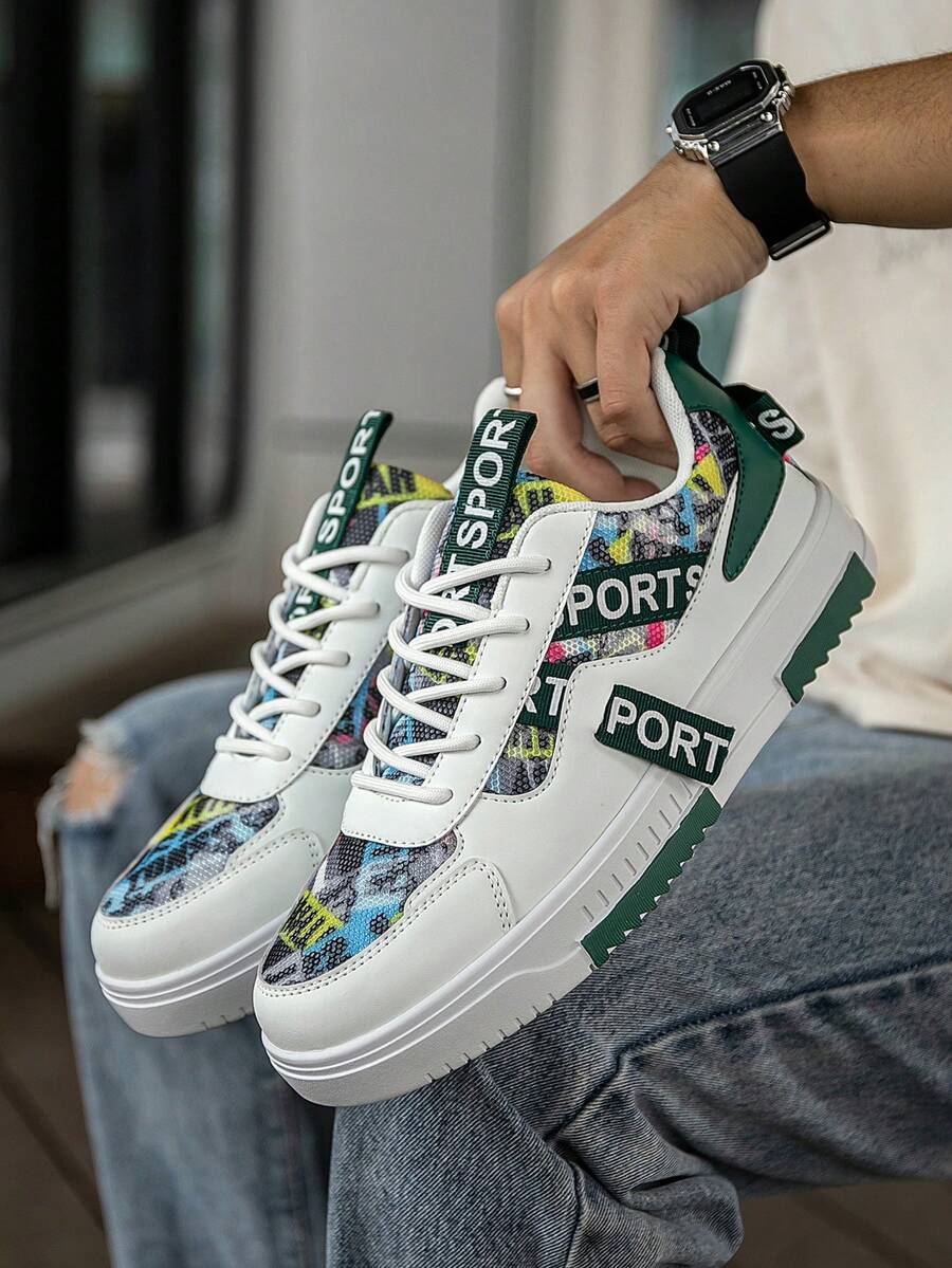 Men's Personalized Colorblock Random Print Patchwork Design Comfortable Low-Top Casual Sports Shoes, Daily Wear Retro Sneakers For Teenagers And Young Adults, Suitable For All Seasons