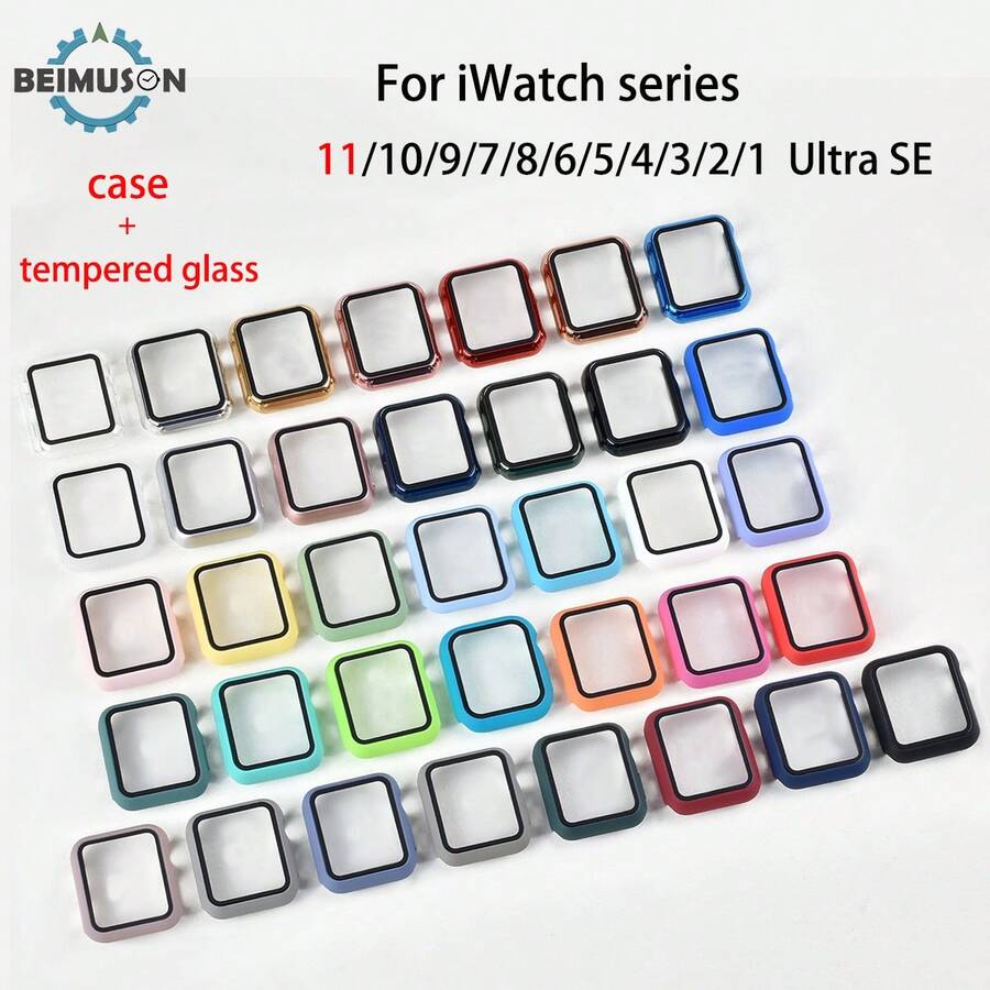 BEIMUSON 鋼化玻璃 + 保護殼，適用於 Watch 系列 38mm 40mm 41mm 42mm 44mm 45mm 46mm 49mm，PC 防撞螢幕保護貼，相容於 Series 11/10/9/8/7/6/5/4/3/2/1 Ultra SE