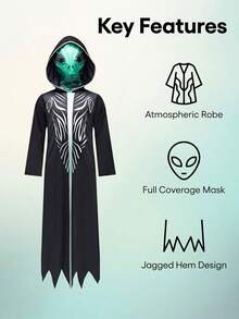 Children's Alien Costume, Hooded Alien Robe With Green Lightning Mask, Scary Alien Outfit For Halloween, Suitable For Boys And Girls, Alien Theme Party Costume, Halloween Candy Party Costume, Children's Carnival Costume - Multicolor - View 5