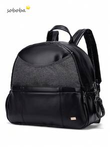 SOBOBA 1pc Fabric Patchwork PU Mommy Bag Large Capacity Multi-Pocket Diaper Backpack With Stroller Hook Suitable For Picnic And Outings - Multicolor - View 12