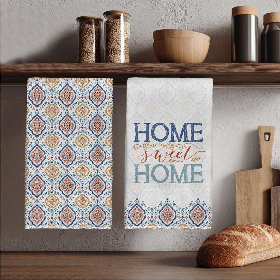MEMNUN 2 Pcs Bohemian Watercolor Orange & Blue Pattern Geometric Home Sweet Home Text Print Kitchen Towels, Dish Towels, Hand Towels, Dish Cloths, Home Decor, Kitchen Decor Cooking Baking Hand Towels, Kitchen Accessories, Machine Washable, Cleaning Supplies, Suitable For Restaurant Kitchen, Home Decor And Gifts, All Seasons - Multicolor - View 1