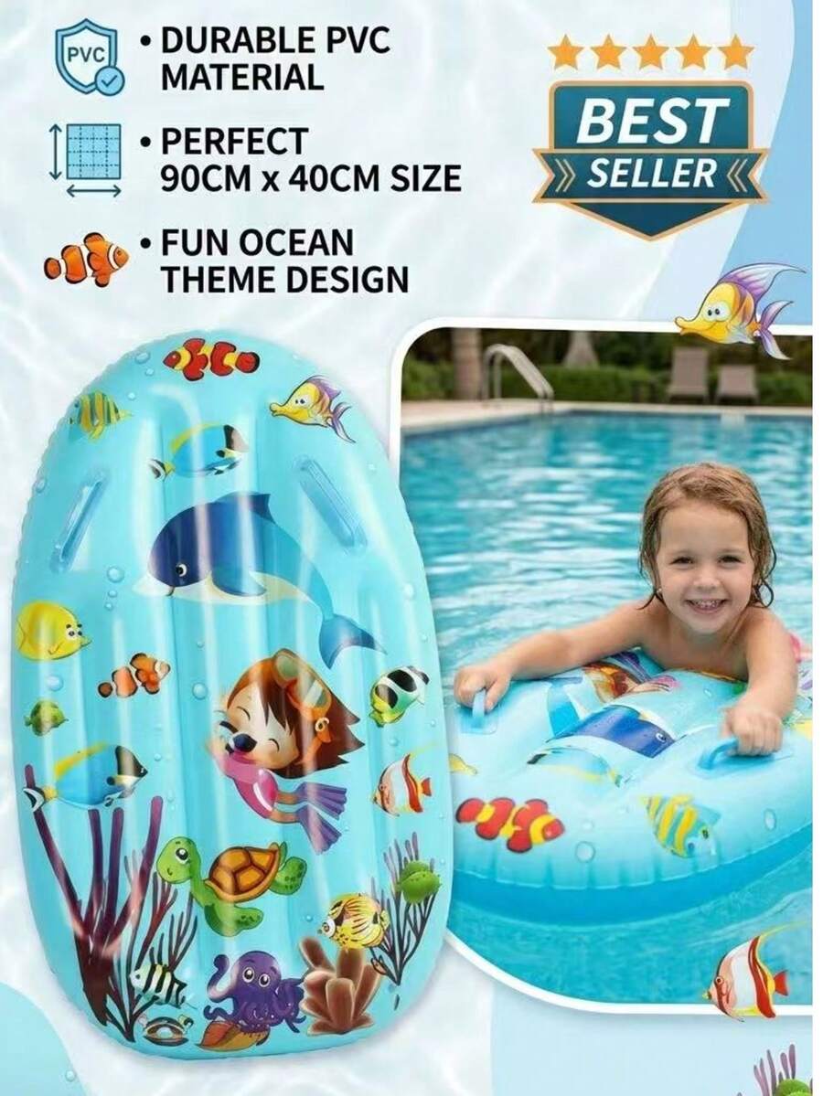 90CM Foldable Storage Kids Inflatable Float Board/Inflatable Surfboard Kids Float Raft/Water Play Toy Ride-On Float Raft; With 2 Handles To Hold; Suitable For Family Yard Water Play/Outdoor River And Beach Water Play And Surfing/Can Also Be Carried For Travel, Convenient For Storage And Cleaning. - Blue-1Pc - View 1