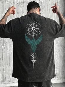 vintageCamiseta informal de verano para hombre de la marca FRACTYR, con estampado de runas de la mitología nórdica, corte holgado, cuello redondo y manga corta.summer tops - Negro - Ver 6