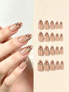 30 piezas de puntas de uñas de forma almendrada de longitud media-larga en color champán, diseño elegante y lujoso de ojo de gato con lámina de oro transparente y estampado de leopardo, estilo sofisticado europeo y americano cool, adecuado para mujeres y niñas, uso diario, viajes de vacaciones y ocasiones de fiesta, uñas postizas de cobertura completa - Champán - Ver 2