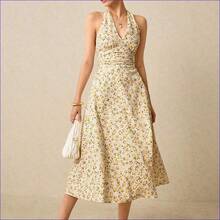 Vestido maxi con estampado floral romántico, escote halter y cintura fruncida, adecuado para vacaciones, bodas, fiestas de verano. Vestido de mujer con estampado floral pequeño, escote halter y cintura fruncida, ideal para verano, playa, primavera, Pascua, eventos. - Azul y blanco - Ver 9