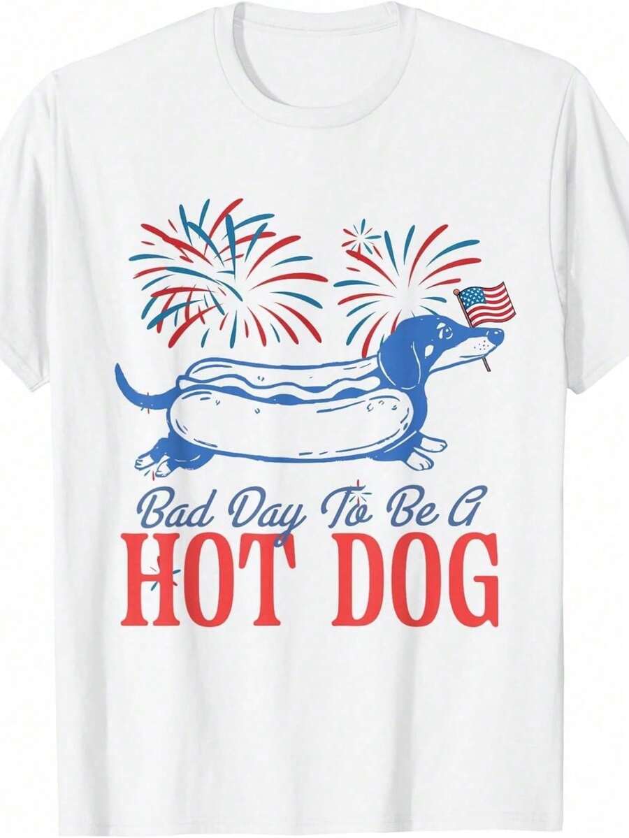 Women's 100% Cotton T-Shirts 2026 Dachshund Graphic July 4th: Bad Day To Be A Hot Dog T-Shirt Women's Summer Clothing Loose Fit Stylish Y2K - White - View 1