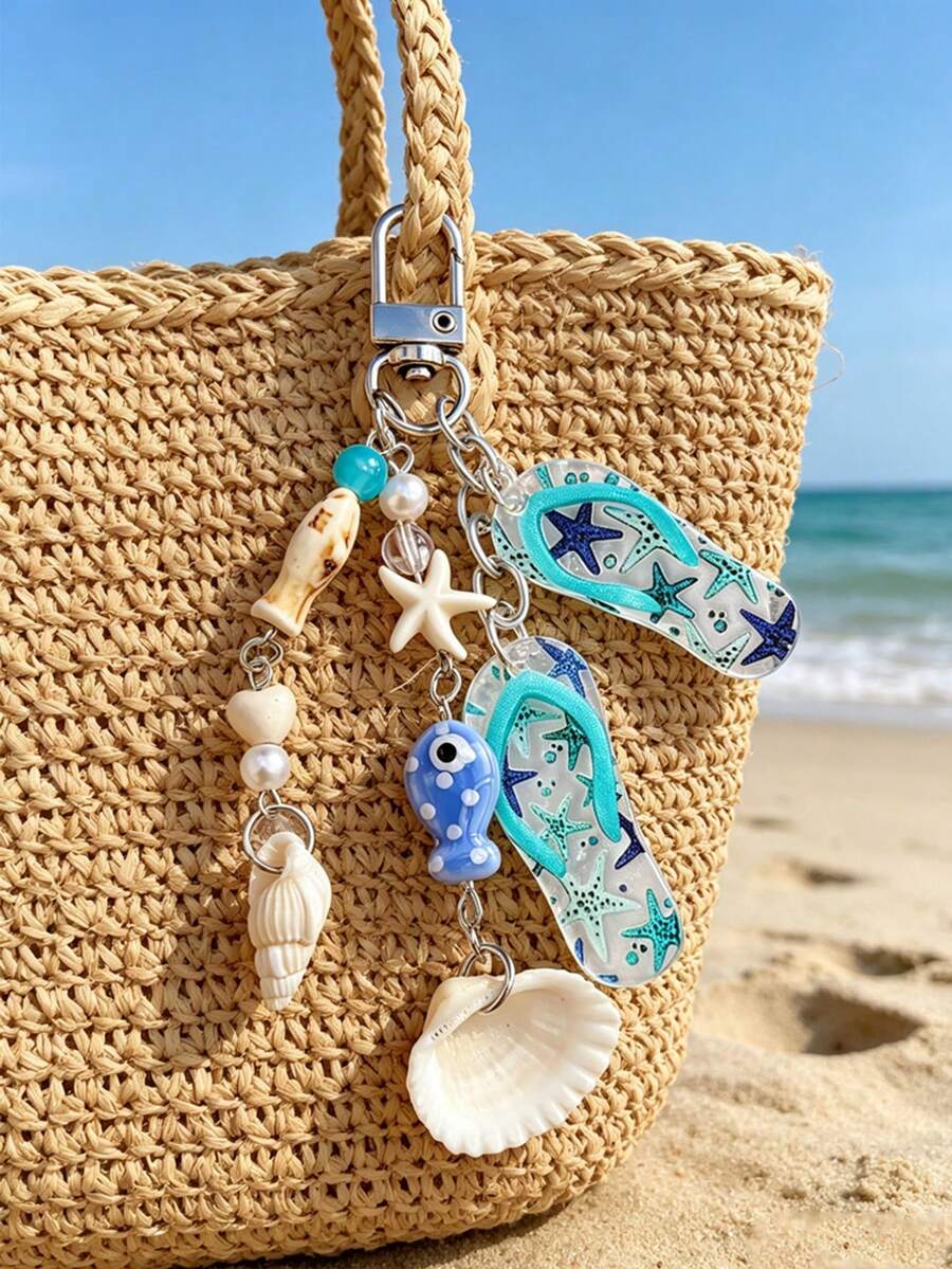 Vigour Summer 度假海洋主題魚、貝殼與夾腳拖吊飾鑰匙圈，時尚合金鑰匙環，包包背包吊飾汽車鑰匙圈，女性日常使用的完美配件，情侶的絕佳禮物，經典簡約鑰匙圈，裝飾，包包配件，適合海邊度假、海邊派對禮物、開學禮物