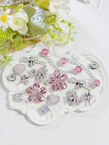 16/14pcs Silver Base Pink Rhinestone Chain Shoe Charms, Bow Heart Four-Point Star Flower Detachable DIY Accessories, Fit Perforated Sandals And Slippers, Holiday Gift - Multicolor - View 6