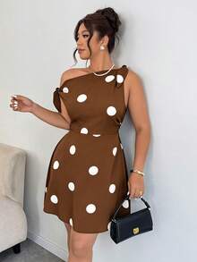 Vestido de línea A con diseño de lazo y lunares, cintura ceñida y bajo asimétrico para mujer de talla grande - Multicolor 2 - Ver 1