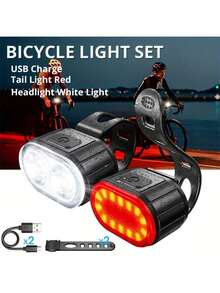 USB Rechargeable LED Bicycle Light Set, Ultra Bright Front And Rear Lights, 4/6 Modes, Mountain Bike Night Riding Lights, Safety Warning Lights, Flashing Warning Cycling Gear, Handlebar Mount, Brake Tail Light - A - View 4