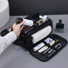 PU Leather Large Capacity Travel Organizer Bag, 3-Layer Expandable Design, Portable Handheld Men's Toiletry Bag, Multi-Functional Storage Bag For Cosmetics And Shaving Kit - Multicolor - View 4