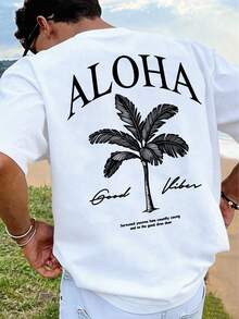 Vintage Herren Hawaii Palmen Print T-Shirt, 100 % Baumwolle Locker Kurzarm Top - Schwarz - Übersicht 6
