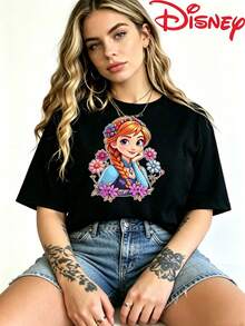 Disney Brand Summer Women's Dress Casual Frozen Anna Round Neck Cotton Short Sleeve T-Shirt For A Cute And Comfortable Look - 黑色 - 查看 1