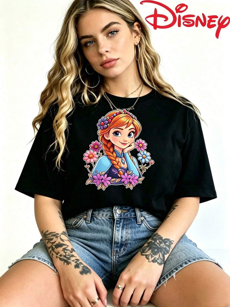 Disney Brand Summer Women's Dress Casual Frozen Anna Round Neck Cotton Short Sleeve T-Shirt For A Cute And Comfortable Look - 黑色 - 查看 1