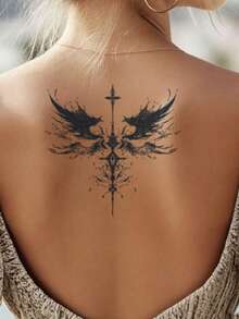 1pc Herbal Dark Style Symmetrical Wings Cross-Totem Pattern Tattoo Sticker, Temporary Tattoo Sticker, Simulated Tattoo Design, Suitable For Travel, Music Festival, Games, Graduation Gifts, Lasts For 7-14 Days - Black - View 5