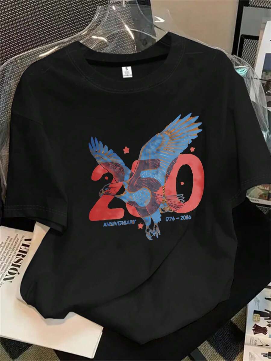 Top de mujer de manga corta y cuello redondo con estampado de pájaros, apto para todas las estaciones. - Negro - Ver 1