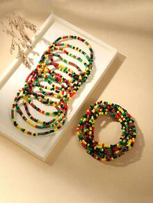 7pcs Black History Month Bohemian Black Red Yellow Green Mixed Color Seed Bead Elastic Bracelets, Random Bead Color Sequence - Multicolor - View 5