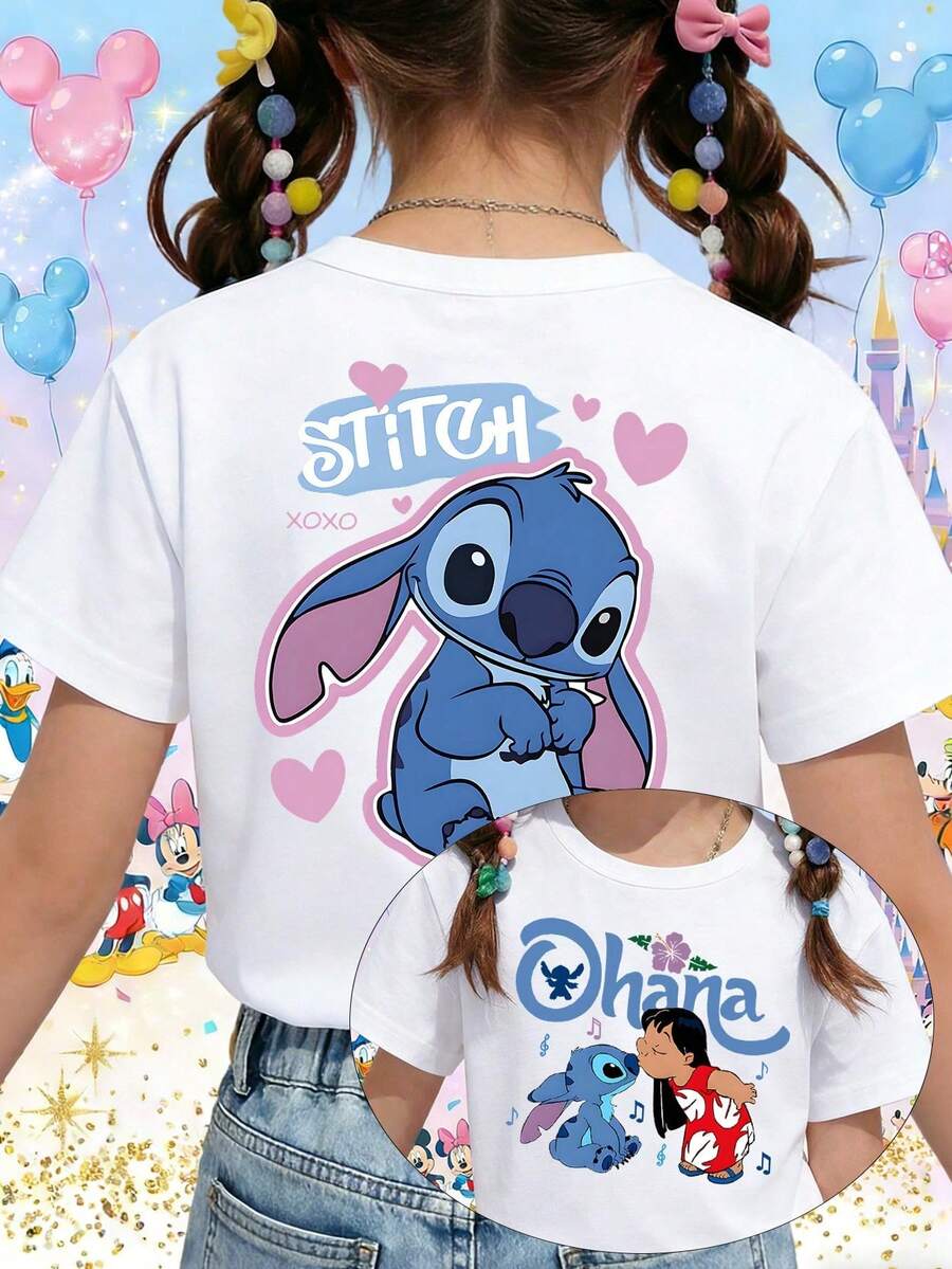 Disney Lilo & Stitch Ohana Flower Kissing Scene Printed Pattern T-Shirts For Girls - Children's Clothing Design Short-Sleeved Casual And Cute Style Comfortable And Casual Wear All Year Round Suitable For Parties And Play Machine Washable Gift Children's Clothing Girls' Short-Sleeved Shirts - 白色 - 查看 1