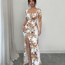 dahkjdgajy  Vestido de verano de manga corta para mujer, vestido de vacaciones con estampado digital, vestido de playa y vacaciones con bajo con abertura, vestido largo con fruncido en la cintura - Blanco y Negro - Ver 4