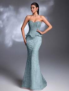 AMILUCK Women's Elegant Luxury Strapless Neckline Hand-Beaded, Boned Ruffle Hem Bandeau Backless Fitted 2 In 1 Evening Gown, Formal Party Wedding Guest Dress - Baby Blue - View 2