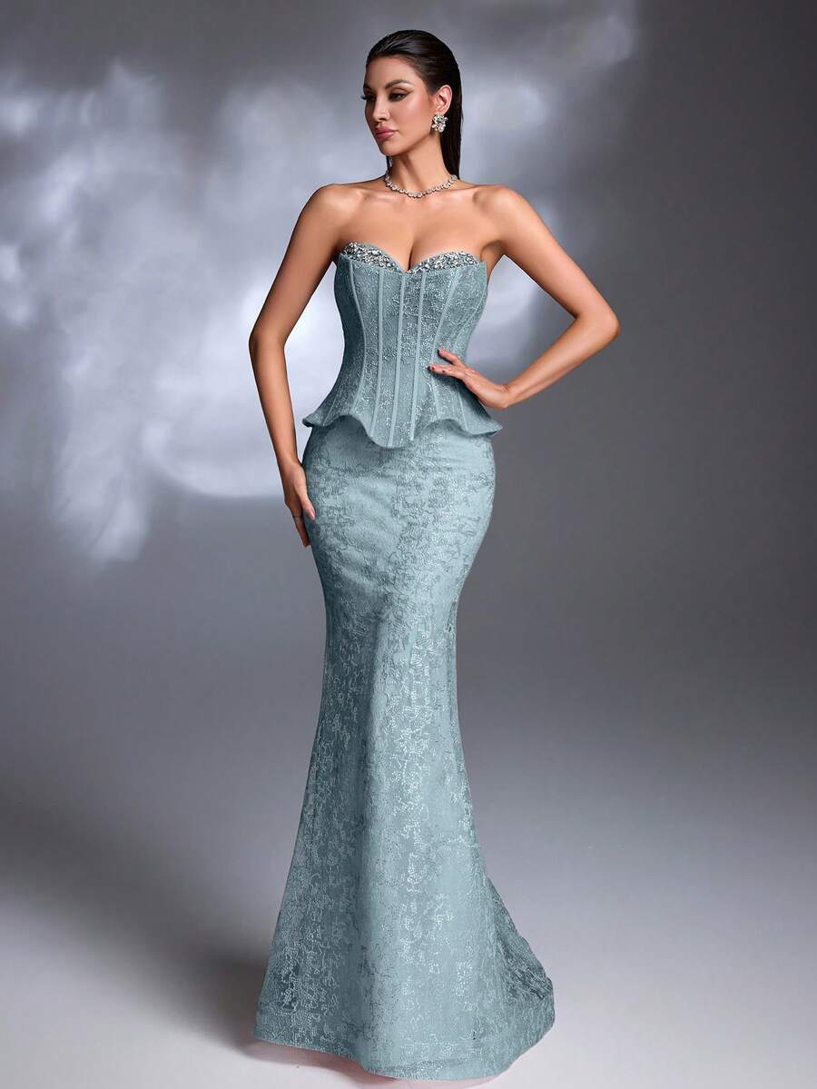 AMILUCK Women's Elegant Luxury Strapless Neckline Hand-Beaded, Boned Ruffle Hem Bandeau Backless Fitted 2 In 1 Evening Gown, Formal Party Wedding Guest Dress