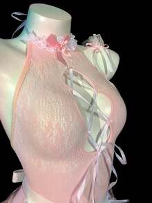 "Pink Lady" Cosplay Transparent Sister Costume (Headband + One-Piece Mesh Dress + Apron + Leg Garters + Thong), Alluring And Charming Lace Sheer Romantic Sleepwear, Seductive Hollow-Out Romantic Nightdress, Ideal For Couples' Outings - 粉紅色 - 查看 5