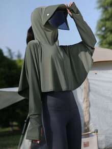 1pc Women's UPF 50+ Hooded Sun Protection Shirt With Face Mask And Brim, Long Sleeve Ice Silk Sunscreen Jacket, Summer Sun Protection Face Cover/Cover Up, Suitable For Women And Girls Outdoor/Vacation/Sports/Camping, One Size Fits All (Loose Version) - Hooded Cover-up - View 7