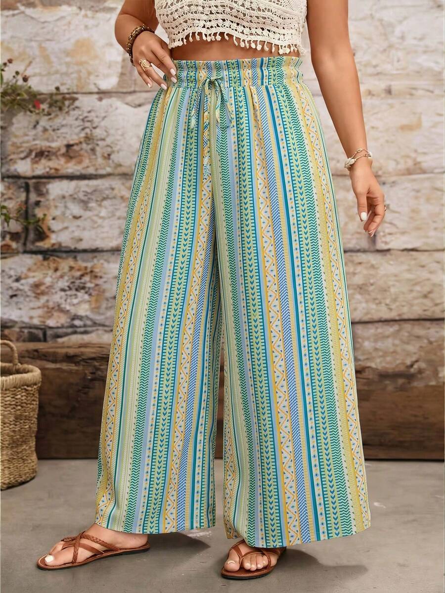 Retro Plus Size Women'S Valentine'S Day Allover Print Woven Wide Leg Pants, Regular Fit Casual Trousers, Summer, Rave, Spring Break, Boho Fall Cloth For Women Capri For Women Beach Outfit For Woman Y2K Clothing Women - Green 2 - 查看 1