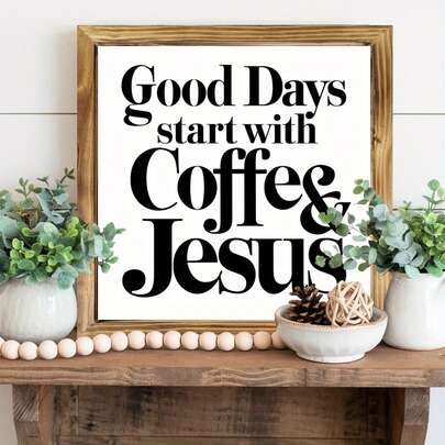 A Wonderful Day Begins With Coffee And Jesus. Rustic Wood-Framed Wall Sign - Farmhouse Home Decor For Kitchens, Bathrooms, Or Living Rooms, 8x8 Inches, Perfect Housewarming Gift, Living Room Décor, Cozy Home Embellishment, Wood-Framed Sign, Rustic Farmhouse Wall Decoration.