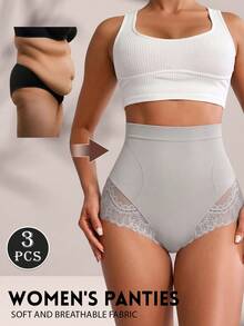 MEIYATING 3pcs High Waist Tummy Control Butt Lifting Seamless Lace Pattern Triangle Panties For Women - Multicolor - View 3