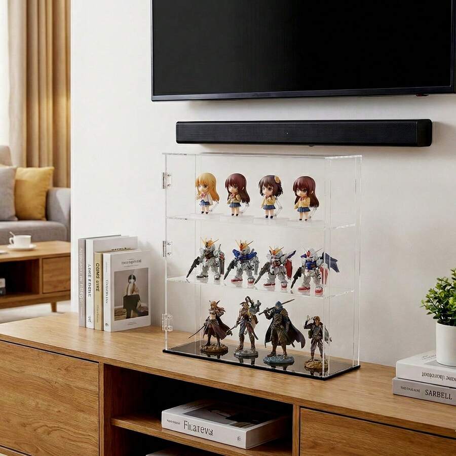 3-Tier Black Base Large Transparent Display Case With Dust-Proof Function, Suitable For Collectibles, Action Figures, Toys, Small Models, Dolls, Souvenirs, Trophies, Etc. Transparent Protection Display Rack, Suitable For Building Blocks, Alloy Car Models, Rock Collections, Crafts, Perfumes, Amiibo, Pop Culture Figures. Vertical Display Box With Removable Shelves, Sturdy And Durable, Suitable For Home Decor And Office Desk.