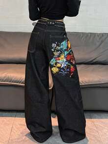 1件美式街頭風女款刺繡寬鬆寬腿牛仔長褲，四季休閒度假款 - 黑色 - 查看 1