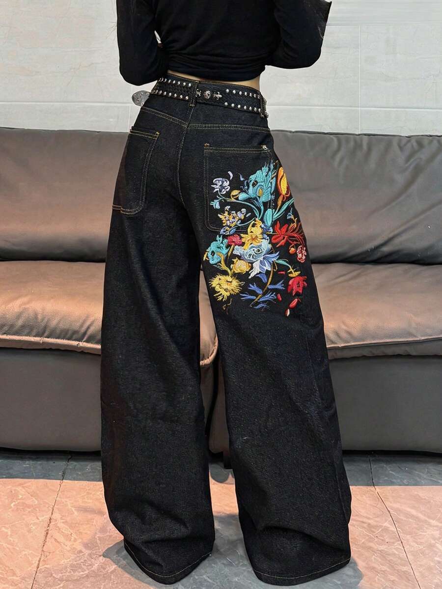 1件美式街頭風女款刺繡寬鬆寬腿牛仔長褲，四季休閒度假款 - 黑色 - 查看 1