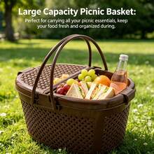 Oval Faux Rattan Plastic Picnic Basket With Lid, Double Opening Design, Large Capacity Handheld Storage Basket For Outdoor Camping, Picnic, Snacks, Fruit, Toys And Miscellaneous Items - Multicolor - View 2