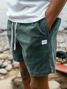 Lightweight Corduroy Polyester Fabric Casual Loose Solid Color Summer Men's Drawstring Shorts, Suitable For Outdoor & Commuting - Dark Green - View 2