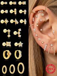 1Pc 16G 925 Sterling Silver White Opal Stud Earring, 18K Gold Plated Fire Opal Bead Internally Threaded For Women Girls Daily Wear, Sold Individually - Gold - View 13